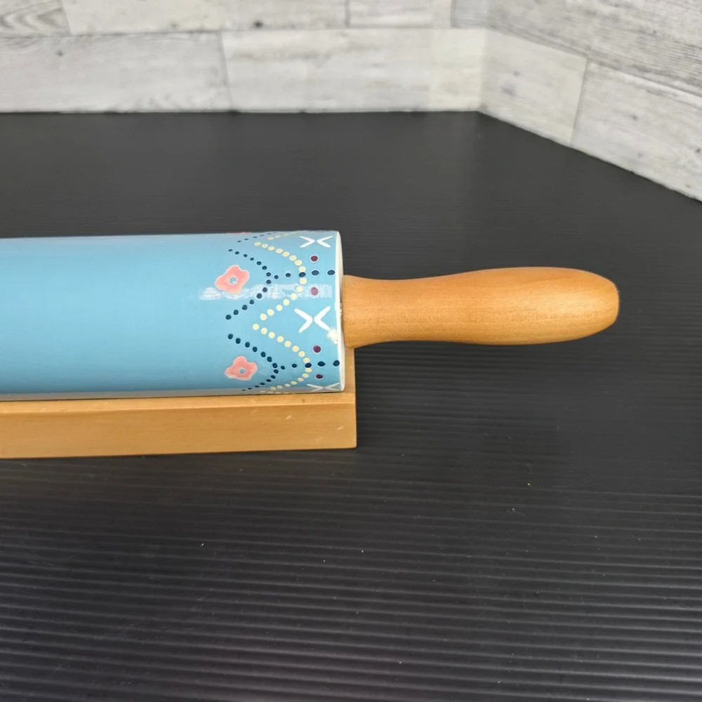 The Nordic Ceramic Rolling Pin Blue Floral with Wood Handles and Base